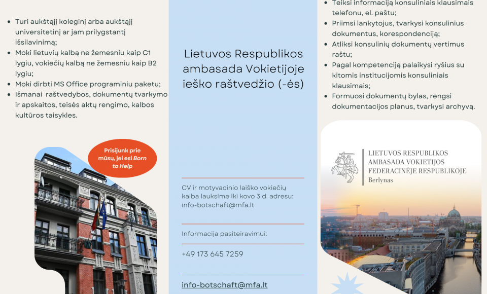 Lietuvos Respublikos ambasada Vokietijos Federacinėje Respublikoje skelbia atranką raštvedžio...